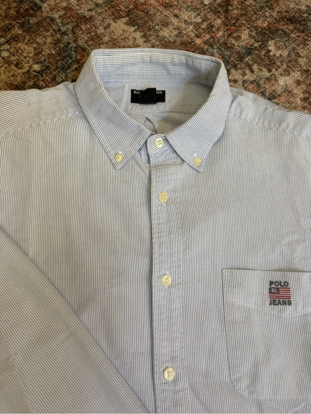 Polo by Ralph Lauren Light Blue Micro-Stripe Button-Down Shirt with USA Flag